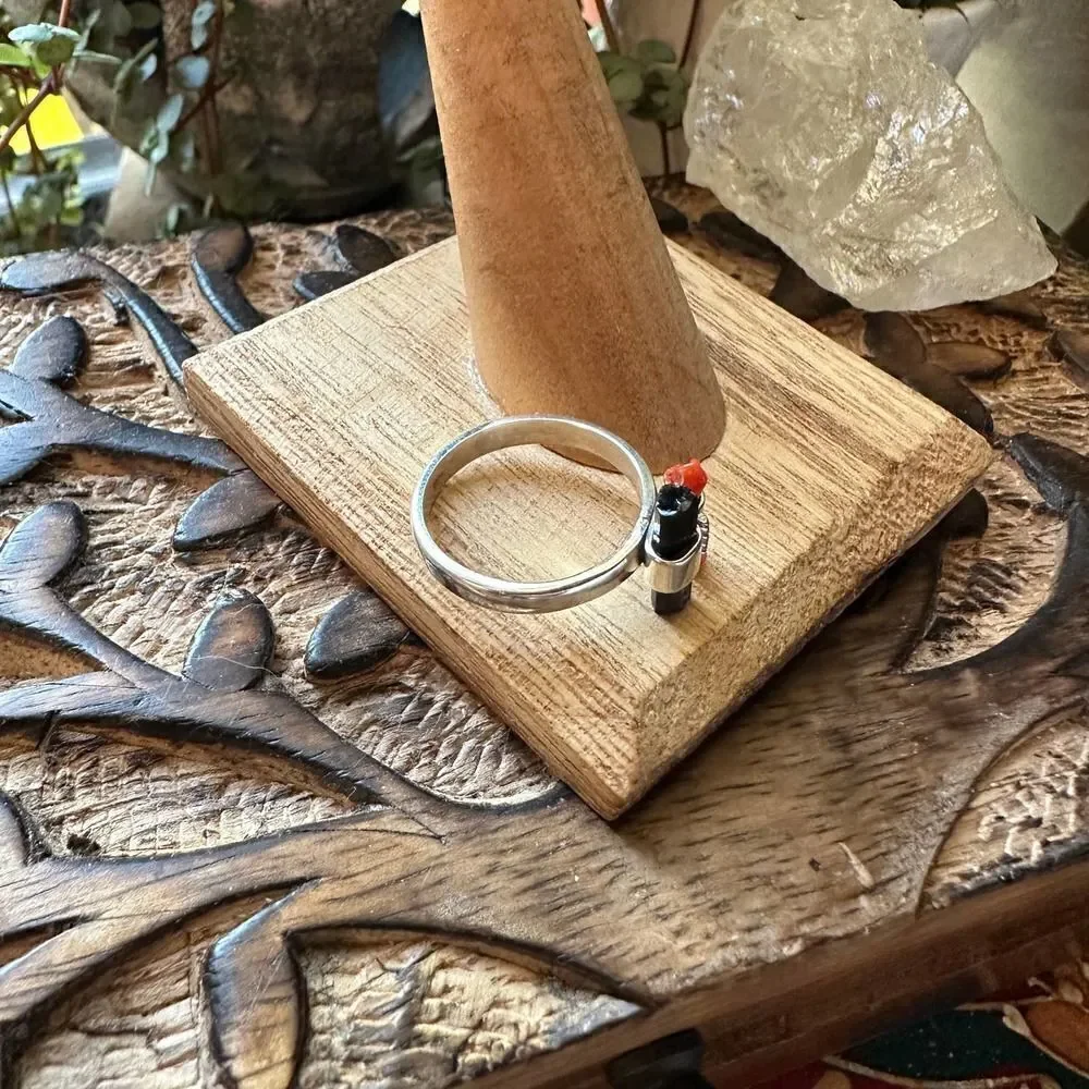 Green Tourmaline Stick & Coral Stick Sterling Silver Ring Size 7.5
